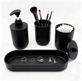 4-Piece Bathroom Accessories Set, Matte Black Plastic Countertop Organizer with Toothbrush Holder, Lotion Soap Dispenser, Qtip Holder & Vanity Tray – Modern Bathroom Decor for Home
