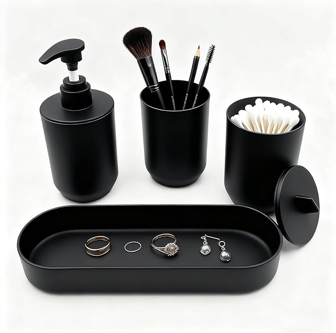 4-Piece Bathroom Accessories Set, Matte Black Plastic Countertop Organizer with Toothbrush Holder, Lotion Soap Dispenser, Qtip Holder & Vanity Tray – Modern Bathroom Decor for Home