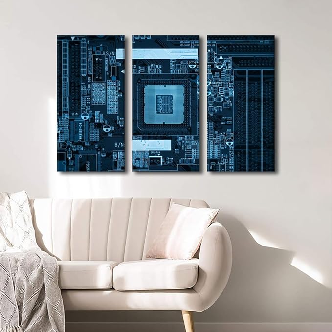 TUMOVO Technology Wall Decor CPU Poster Wall Decor Canvas Wall Art 3 Piece Modern GPU Computer Processors Art Prints Modern Decor Bedroom Living Room Stretched and Framed Ready to Hang (28" Wx42 H)