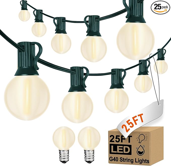 25ft Outdoor Christmas LED String Lights,G40 Frosted White Globe Lights with 27pcs Plastic Bulbs,Round Bulb Christmas Lights for Indoor/Outdoor Wedding Backyard Cafe Garden Xmas Decor