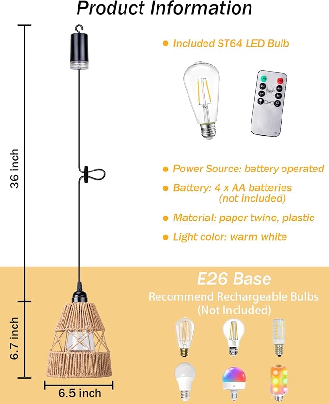 Battery Operated Chandelier Outdoor Waterproof, 2 Pack Hanging Pendant Light with Remote Control for Gazebo, Pergola, Porch, Balcony, Shed, Patio, Garden Decor