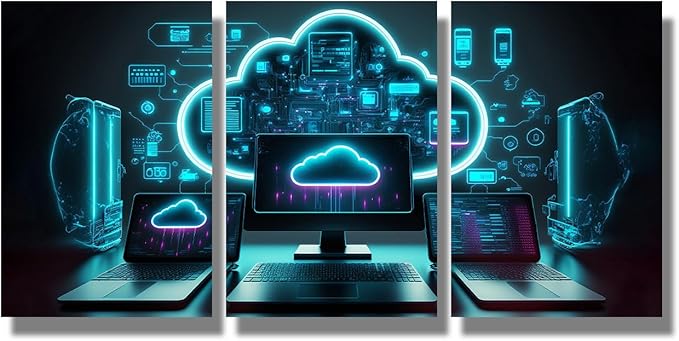 LSIUHWUWI 3 Panel Canvas Print Art Set Modern Cloud Technologies Neon Colors Cyber Space Posters Modern Wall Art for Bedroom Living Room Wall Decorative,Artwork, 16x24inchx3