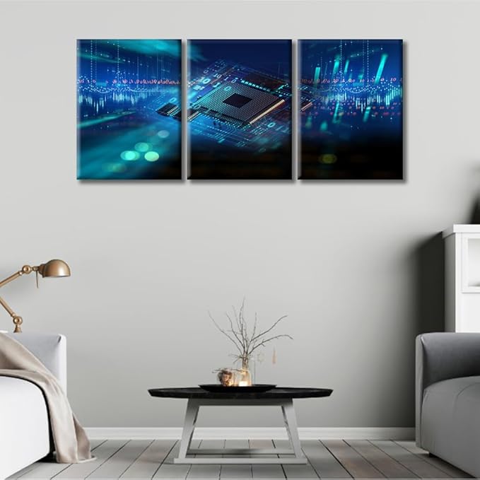 TUMOVO Wall Decor CPU Concept Wall Art Abstract Futuristic PCB Pattern and CPU Artwork Pictures Wall Decor for Living Room 3 Piece Contemporary Home Decor Print on Canvas Ready to Hang (36" Wx16 H)