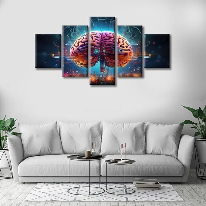 Abstract Brain Pictures Wall Art Decor Painting on Canvas Smart Brain Pictures for Home Walls Futuristic Technology Office Framed Modern Artwork for Living Room Bedroom, (60" Wx32 H)