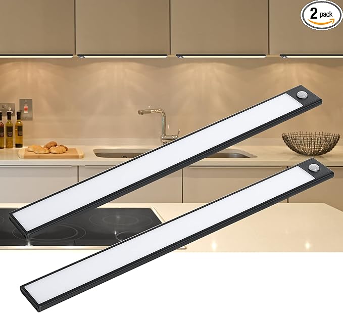 69 LED Under Cabinet Lighting 2 Pack, 3 Color Motion Sensor Light Indoor, 3000mAh Rechargeable Stepless Dimmable Closet Lights, Wireless Battery Operated Under Counter Light for Kitchen