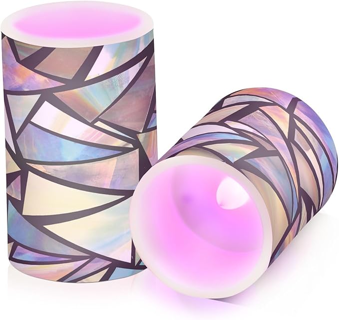 Iridescent Triangles Abstract Flameless Candles Color Changing LED Candles with Remote Control Battery Candles for Outdoor and Indoor Home and Room Decoration, 3'' x 4''/5'' Set of 2 Pieces