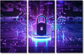 TUMOVO 3 Pieces Canvas Wall Art for Home Office Decoration, Modern Artwork Padlock on Circuit Board Neon Posters and Prints, Cyber Security Concept Artwork Ready to Hang, 42" Wx28 H