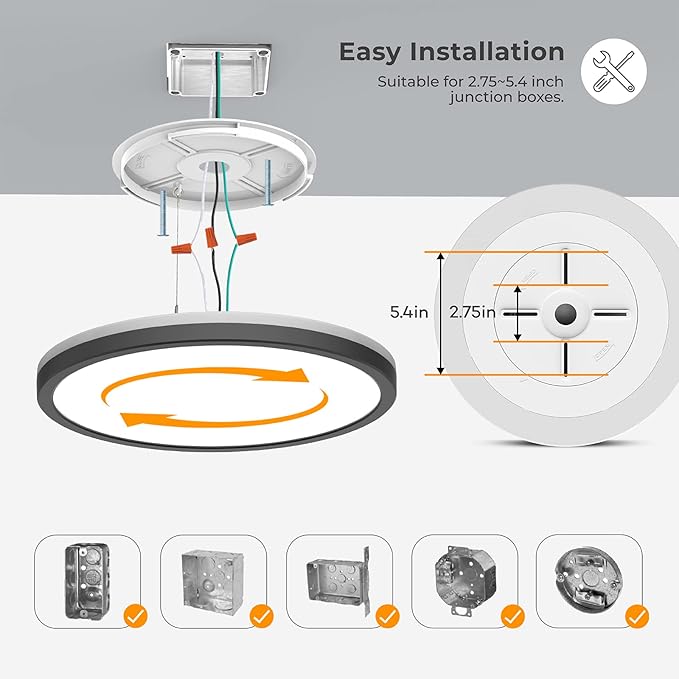 Matane 12 Inch LED Flush Mount Ceiling Light Fixture with Night Light, 24W 2400LM 3000K/4000K/5000K Selectable, Dimmable Ceiling Lights for Bedroom, Dining Room, Kitchen, Round Black