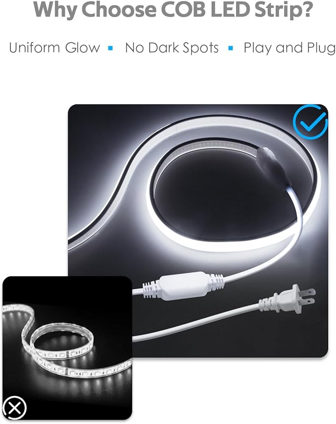 90M Outdoor COB Led Strip Lights Waterproof 300FT 1 Roll Soft 120V High Voltage Led Rope Light Plug in Daylight White 6000K 288Leds/M Dotless Uniform LED Lighting for Building Holiday Decor