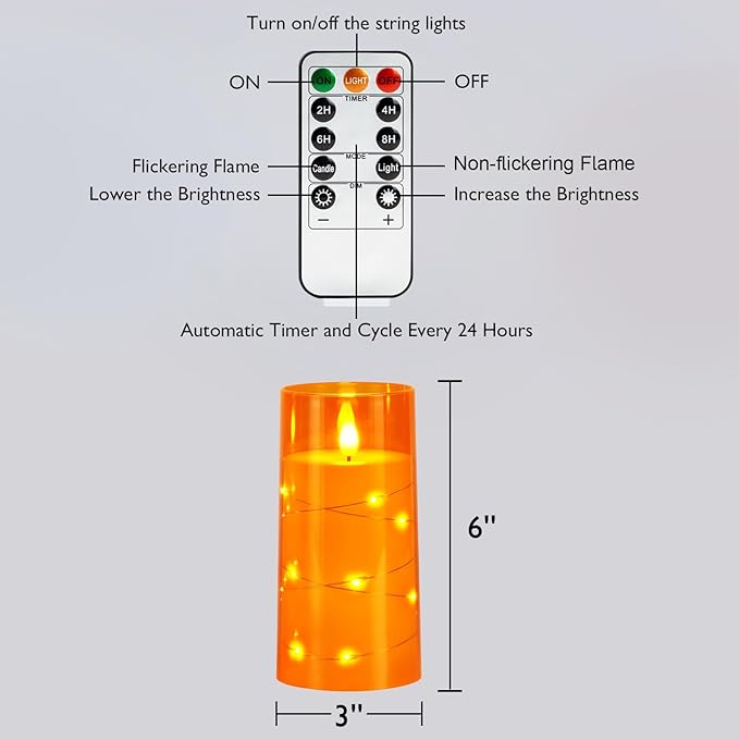 Homemory Flameless Candles with Embedded Star String Fairy Lights, Battery Operated Candles, LED Candle, Fake Candles with Remote Control and Timer, Orange, Set of 2(H 6" 6")