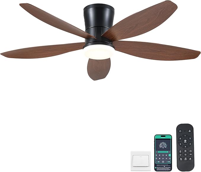 48" Ceiling Fans with Lights-Low Profile Ceiling Fan with Light and Remote/APP Control,Flush Mount,LED Dimmable Modern Ceiling Fans for Bedroom,Indoor/Outdoor Patio Use(Brown)