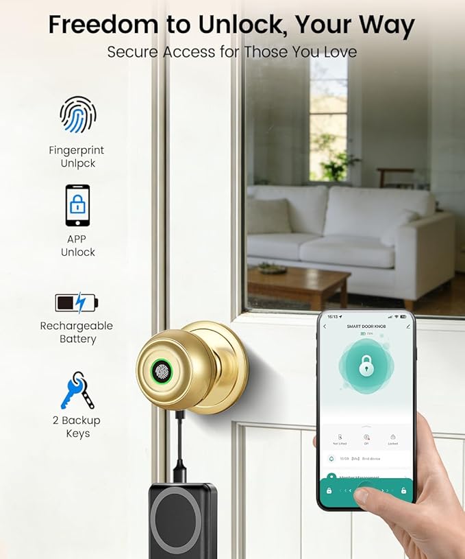 Fingerprint Door Lock, Smart Fingerprint Door Knob with Lock, Biometric Door Locks with App Control & Key, Keyless Thumbprint Entry Door Locks for Bedroom, Front Door, Home, Apartment-Brass