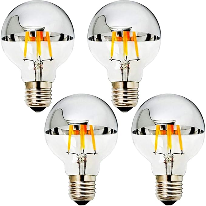 MD Lighting 4W Half Chrome Light Bulbs G25(G80), E26 Warm White 2700K 40W Equivalent 360lm Vintage Edison LED Decorative Bulbs with Silver Mirror for Indoor Dinning Room Living Room, 4-Pack, AC 110V