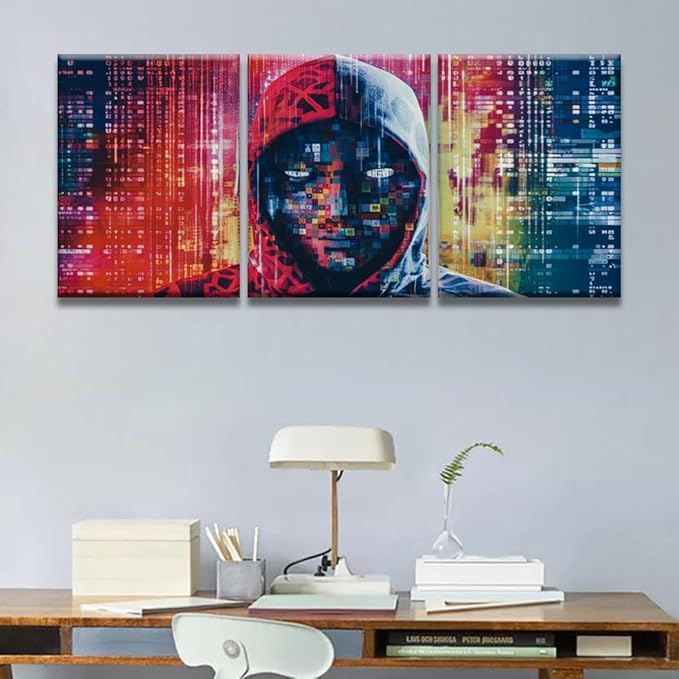 LSIUHWUWI 3 Panels AI Wall Art Hacker in Mask on Dark Background with Digital Effects Pictures Print On Canvas for Living Room Bedroom Wall Decoration, Stretched Framed Ready to Hang, 12x16inchx3