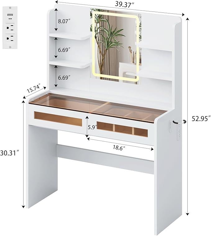 Vanity Desk with LED Lights Mirror & Power Outlet, Transparent Top Vanity with 2 RGB Drawers, 3 Lighting Modes & Adjustable Brightness, Dressing Table for Women Girls Bedroom, White Plus