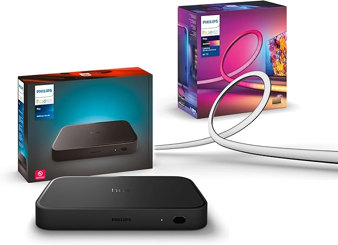 Philips Hue Play HDMI Sync Box 8K + Gradient 65" Smart TV Light Strip - Sync Your Video Games, Movies, and Music - Requires Hue Bridge - Supports Dolby Vision HDR10+ - Control with Hue App