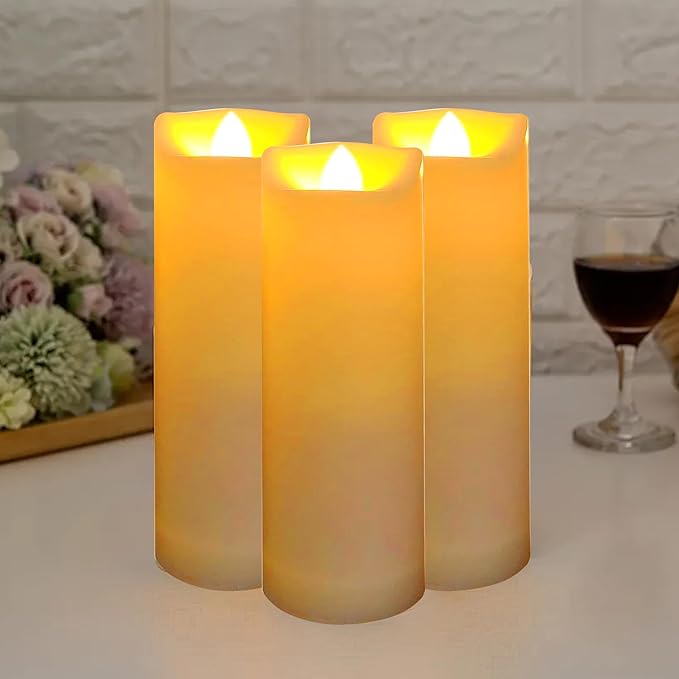 Battery Operated Flameless LED Pillar Candle with Remote Cycling Timer, Realistic Plastic Electric Tall Flickering Light for Indoor Outdoor Bookshelf Dinner Party Centerpiece Fireplace Decor Pack of 3