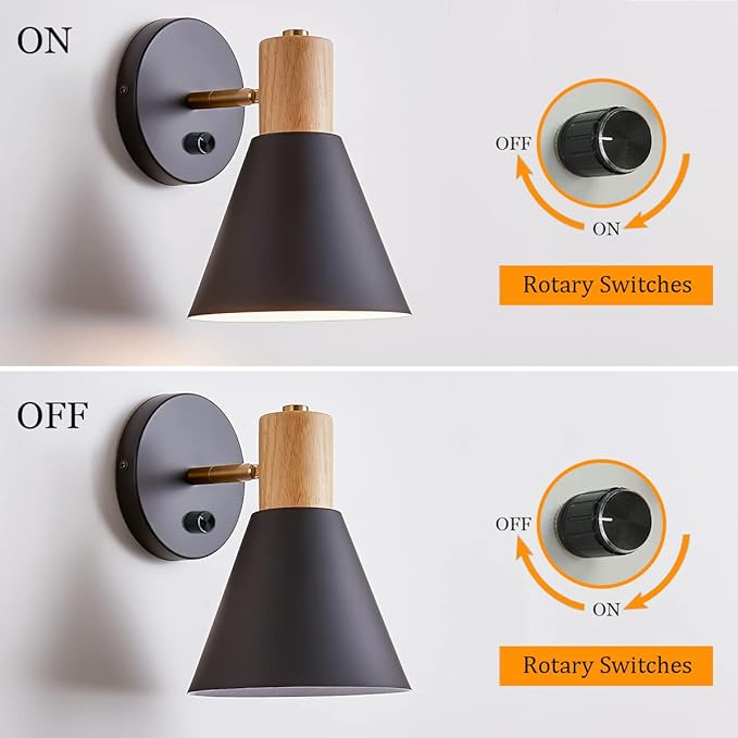 ClanKin Wall Sconces, Modern Nordic Design, 2 Pack-Black, E26, Rotateable, Industrial Bathroom Bedroom Lighting Fixture, Wall Mounted