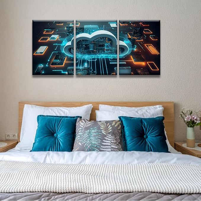 Canvas Art Wall Decor for Bedroom Cloud Technology,Cloud Computing Art Prints Canvas Art Wall Painting Artwork for Walls Canvas Wall Decor Bedroom Wall Decor Framed Ready to Hang 12x16inchx3