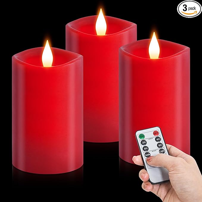 3PCS, 3 x 5 inches Flameless Candle with Remote Control, 3D Flickering Wick, Real Wax Pillar LED Candles, Battery Candles,with Timer,for Holiday Home Decor, Red