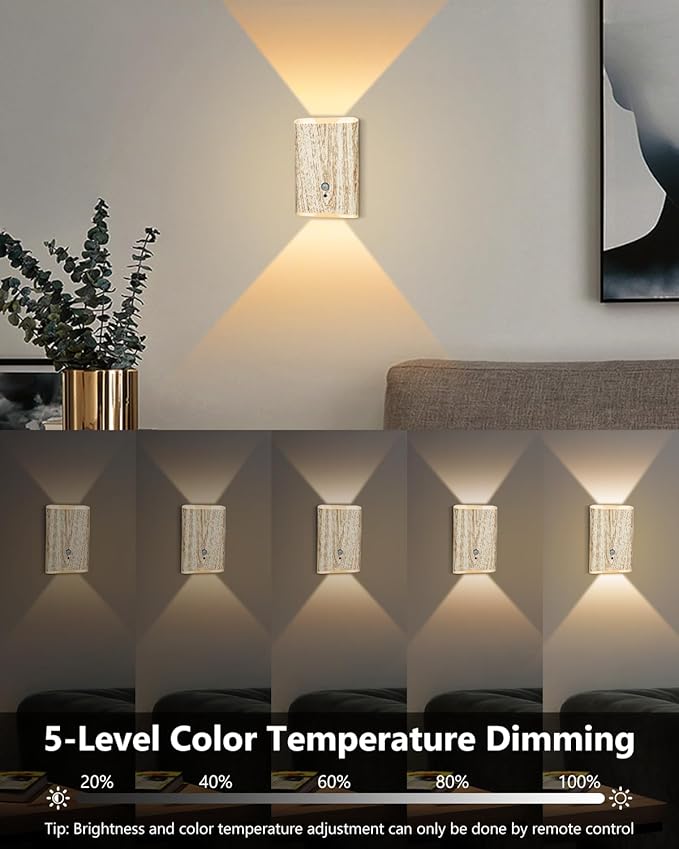 Rechargeable Motion Sensor Wall Sconce Set of 2 – 5000mAh Wireless Battery Operated Wall Light Indoor, 3 Colors Up/Down Lighting Magnetic Night Light with Remote Control for Bedroom, Hallway (Wood)