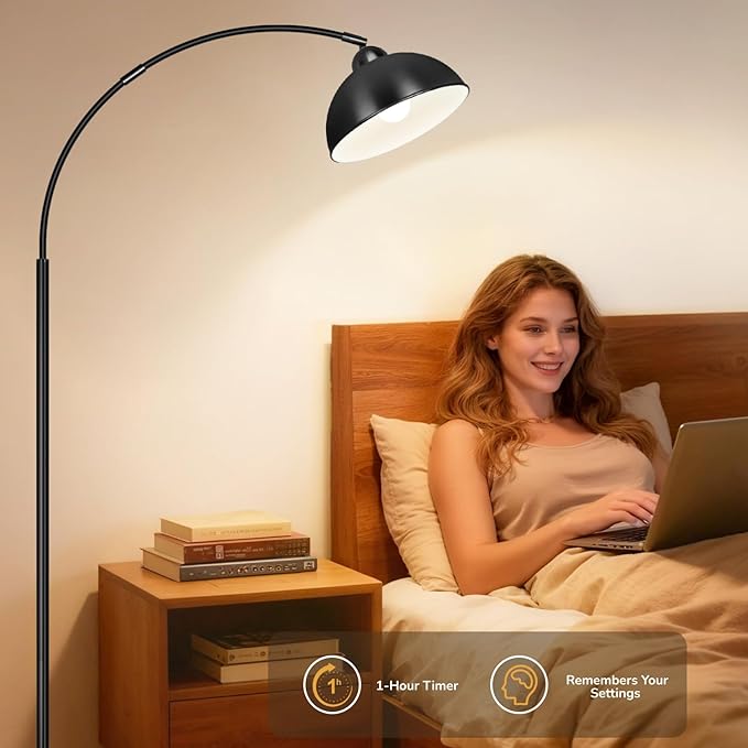 Arc Floor Lamps for Living Room, 72" Modern Tall Lamp with Remote Control and Stepless Dimmable 9W LED Bulb, Over Couch Arched Reading Lamp for Bedroom, Office(Black)