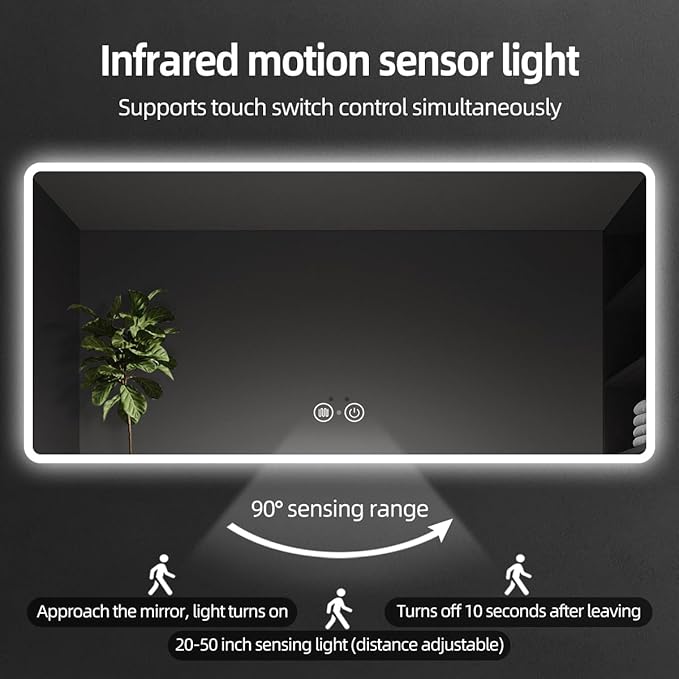 Led Mirror for Bathroom with Front Light and Backlit, Dimmable Anti Fog Wall Bathroom Mirror with Led Lights, Water Proof, Decor Vanity Mirror (36" L x 48" W)