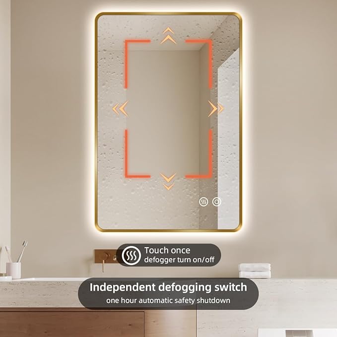 28" x 36" Gold LED Bathroom Mirror, Smart Touch Switch, Anti-Fog Mirror, 3-Color Dimmable, CRI≥93, Wall-Mounted Backlit Mirror with Lights for Modern Bathroom (Horizontal/Vertical)