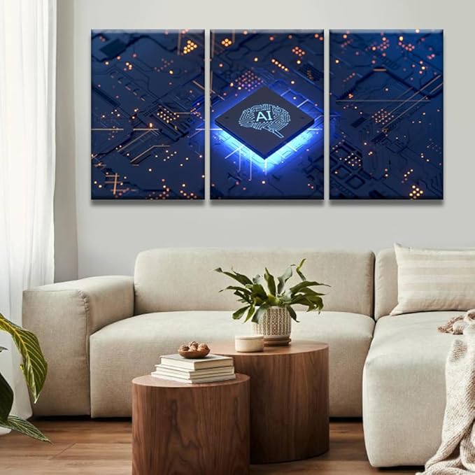 LSIUHWUWI Wall Art Painting Artificial Intelligence, Artificial Intelligence Concept Pictures Print on Canvas 3 Panel Canvas Wall Art AI Artwork Ready to Hang 16x24inchx3