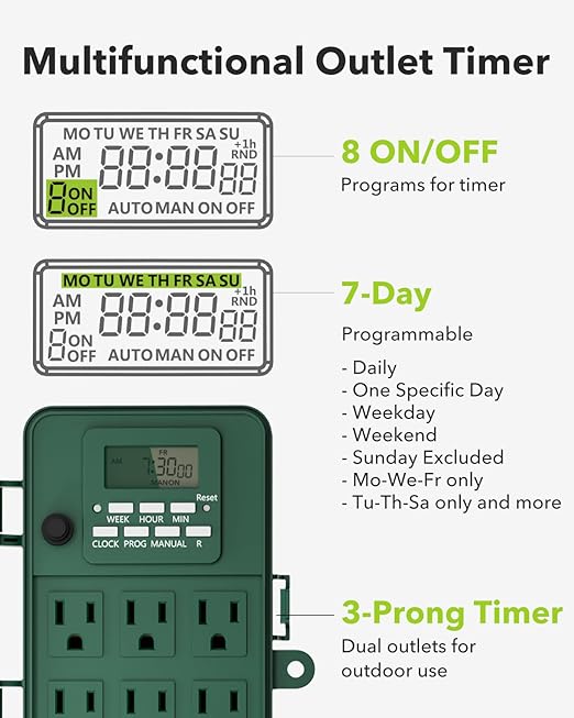 BN-LINK Outdoor Power Stake, 7-Day Programmable Digital Timer, 6 Outlets, 6FT Extension Cord, Waterproof Perfect for Christmas, Halloween, Garden Decorations, ETL Listed