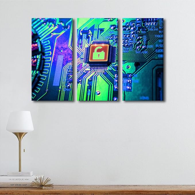 TUMOVO Canvas Wall Art 3 Panel CPU Concept Poster Wall Decor for Living Room Bedroom Bathroom Office Artwork Circuit Board Information Technology Modern House Decor Framed Ready to Hang(28" Wx42 H)