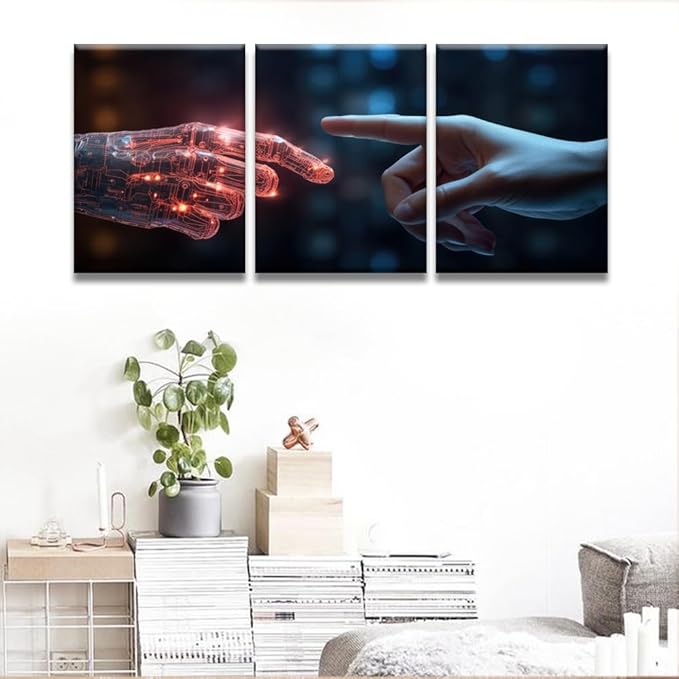 LSIUHWUWI Modern Wall Art 3 Panel The Human Finger touches the Robot's Finger Picture Prints on Canvas for Living Room Computer Room,Office Wall Decoration, Framed Ready to Hang 12x16inchx3