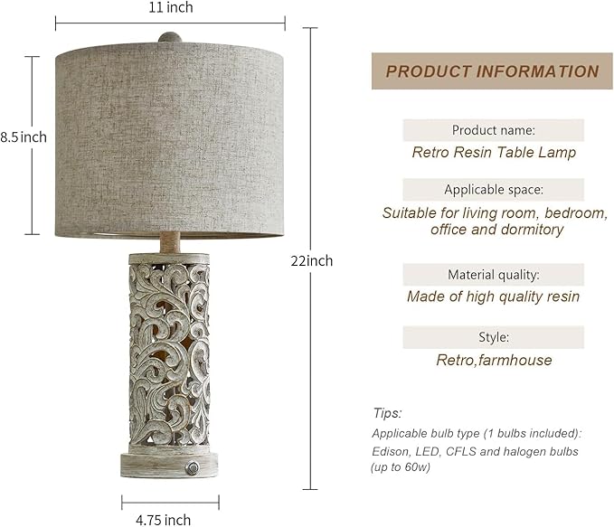 OYEARS 3-Way Dimmable 22'' USB A+C Touch Control Table Lamp with Nightlight for Living Room Bedroom Farmhouse Bedside Nightstand Lamps (Bulb Included)