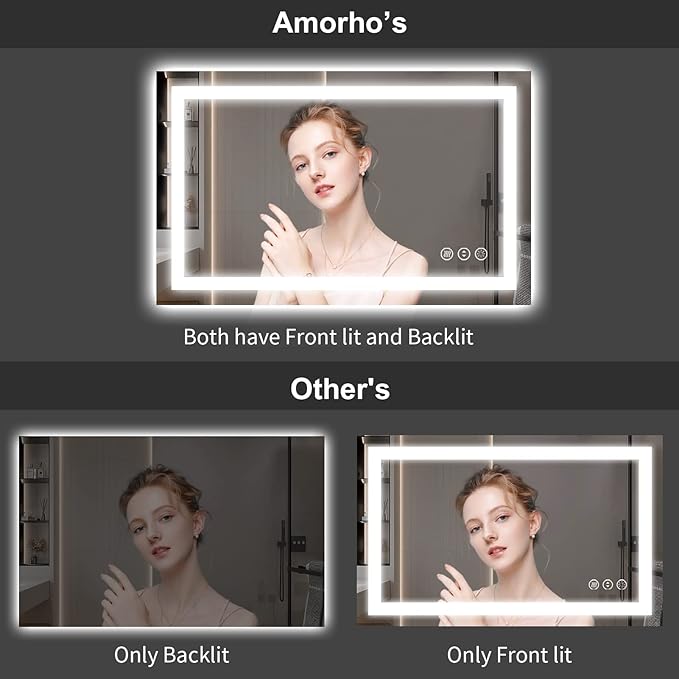 Amorho LED Bathroom Mirror 40''x 36'' with Front Light and Backlit, Stepless Dimmable Wall Mirrors with Anti-Fog, Shatter-Proof, Memory, 3 Colors, Double LED Vanity Mirror (Horizontal/Vertical)