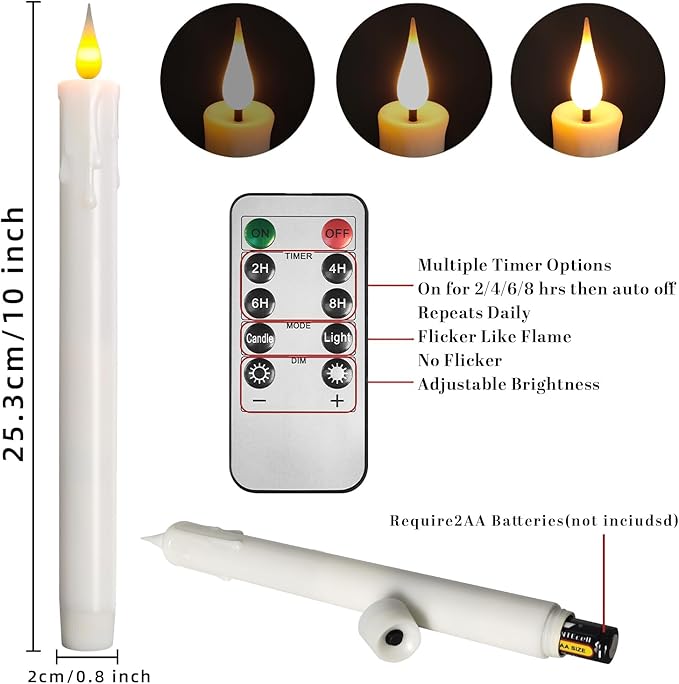 Flameless White Taper Candles with Remote Control, Battery-Operated LED Warm Light 3D Wick Lamp Window Decor Candles, 6-Pack, Christmas Home Decor, Wedding Decorations.