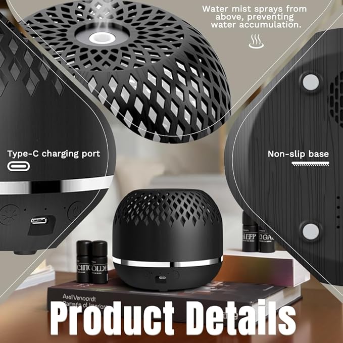 Essential Oil Diffuser 300ml for Home Bedroom, Aromatherapy Oil Diffuser with 3H 6H Timer, 7 Color Light, USB Type-C, Hollow Design, Auto Shut-Off(Dark Woodgrain, Openwork)
