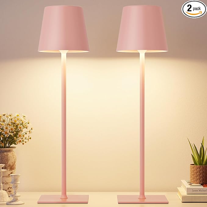 Pink Cordless Rechargeable Table Lamp, 2 Pack Portable Desk Lamp with 5000mAh Battery, Touch Control Stepless Dimming, Wireless Night Light for Dining, Outdoor Camping, Coffee Shop, Waterproof Design
