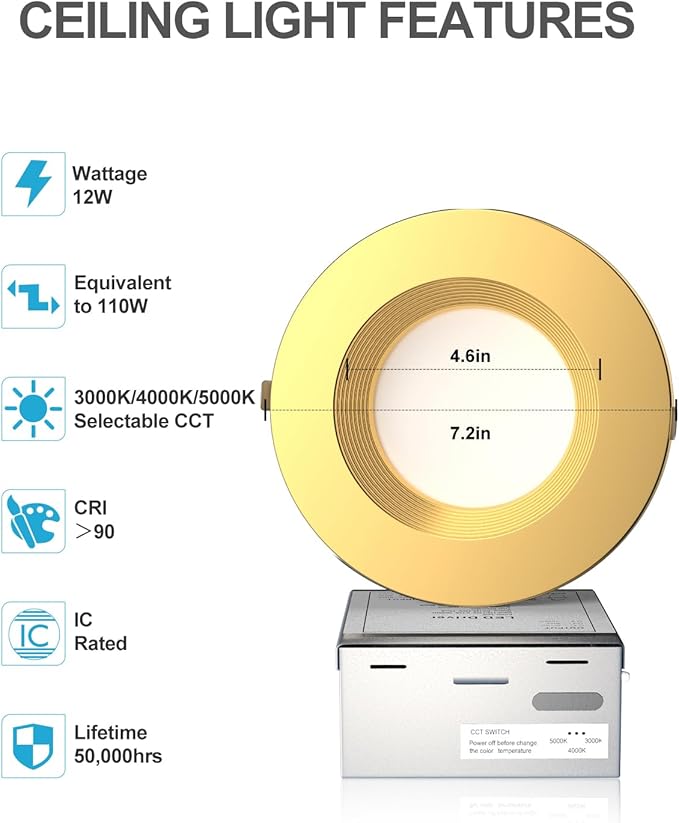 Lightdot 6 Inch Recessed Lighting 12 Pack Gold, 12W Dimmable LED Downlight 3CCT Selectable (3000K/4000K/5000K), Anti-Glare Slim Canless Ceiling Light