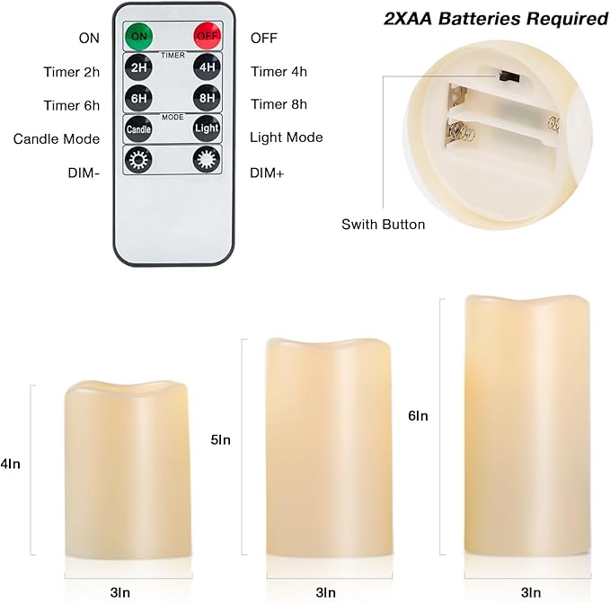 Amagic Outdoor Waterproof Flameless Candles with Timer, Battery Operated Candles with Remote Control, D3 x H4 5" 6" Electric LED Pillar Candle for Outside Patio, Garden, Indoor Decor, Ivory, Set of 3
