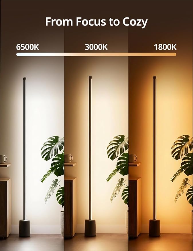 Ailofy Corner Floor Lamp, 1500lm RGBW LED Lamp, Alexa & Google Assistant Compatible, 16 Million DIY Colors, Music Sync, App Control, Modern Smart Floor Lamp for Living Room, Bedroom, Black