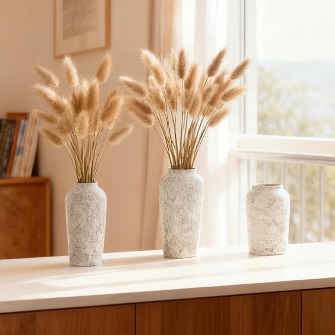 Stone Vase Set 3 Modern Decor Ceramic Vases Rustic Farmhouse Home Tea Table Office Room Desk Pottery