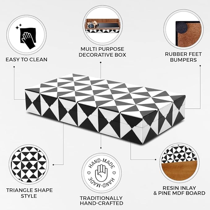 Handicrafts Home Large Decorative Storage Box with Lid, Black and White Coffee Table Storage Box, Decorative Remote Control Holder, Keepsake Storage Box for Living Room & Shelf Decor, Triangle 12x6x2