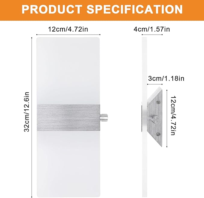 LIGHTESS Modern Wall Sconces Dimmable Switch 12W LED Wall Lights Up Down Wall Lamp Acrylic for Bedrooms Hallway Corridor, Warm White, HS621-2