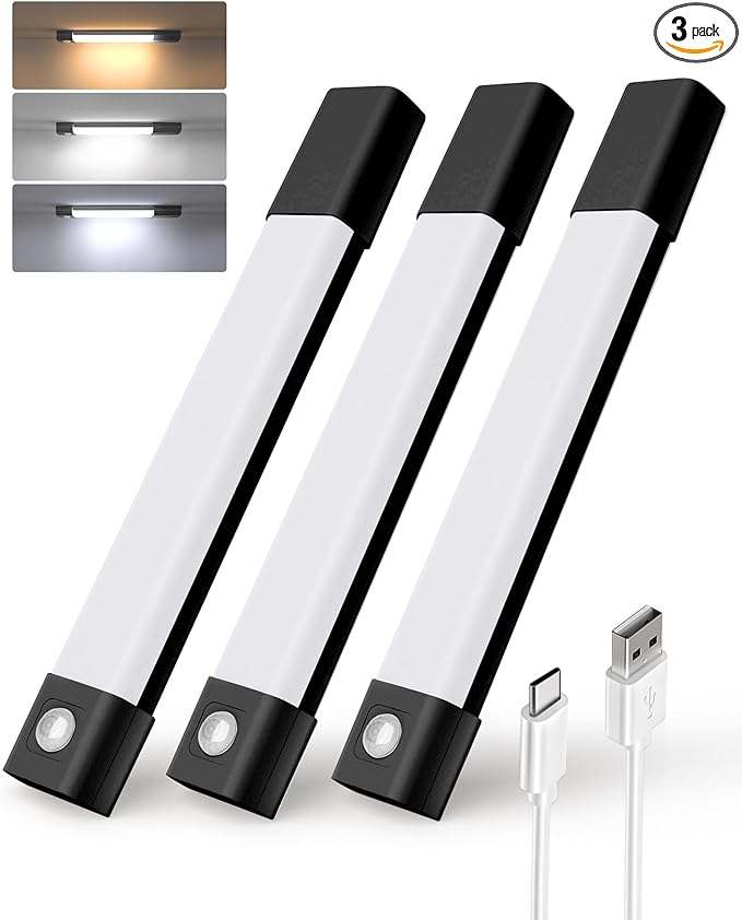 EZVALO Under Cabinet Lighting, Wireless Closet Lights, 30 LED Rechargeable Motion Sensor Light, Dimmable, 3 Color Temperatures, Counter Lights for Kitchen, Pantry, Bedroom, Wardrobe(3 Pack, Black)