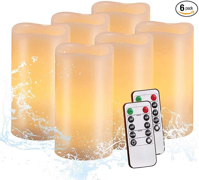 salipt Flameless Candles, LED Flickering Candles Set of 6 (H 6" xD 3") Battery Operated Candles,Waterproof Flameless Candles, Resin Plastic, Indoor Outdoor Use, Lvory White