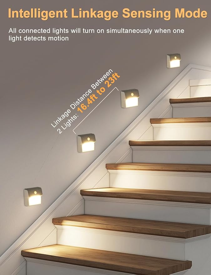 Linkage Stair Lights Motion Sensor Indoor, Magnetic Stick-On LED Wall Light, Dimmable Warm White Light, Rechargeable Motion Activated Light, for Hallway, Bedroom, Stairs, Kitchen