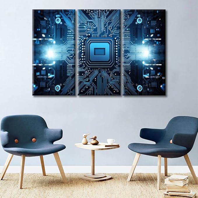 Chip Canvas Wall Art for Living Room Family Wall Decor, Kitchen, Bathroom, Bedroom Modern Wall Decor 3D Technology Motherboard Pictures Artwork Home Decor 3 Pieces Framed Ready to Hang (42"Wx28"H)