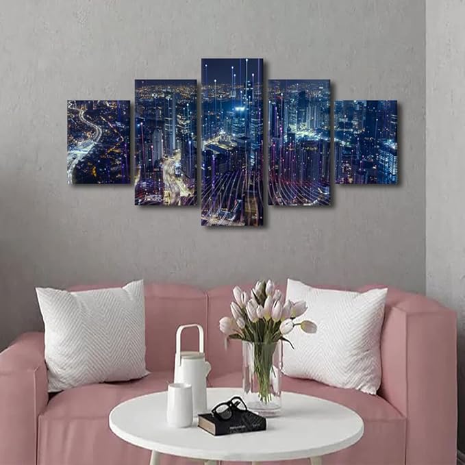 Advanced Smart City Poster Native Americans Home Decoration 5 Panel Futuristic Communication Picture Printing Technology Workers Office Living Room Decor Frame and Stretched Ready to Hang 60x32 Inch