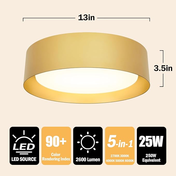 BrightHome Flush Mount Ceiling Light, 13in 2600LM 25W(300W Equiv), LED Ceiling Light Fixture 5CCT 2700K 3000K 4000K 5000K 6000K,Dimmable Ceiling Lamp for Bedroom Bathroom Hallway,Polished Gold Finish
