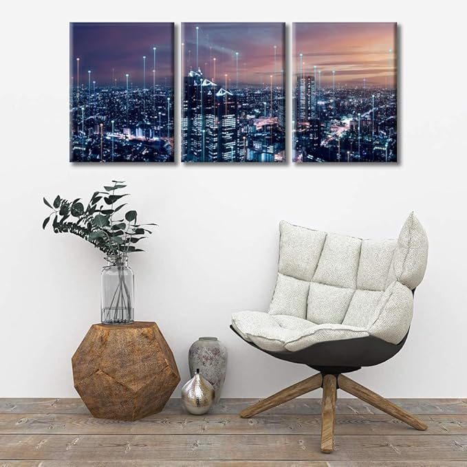 TUMOVO Modern City with Wireless Network Connection Wall Art Canvas Print 3 Pieces CPU Concept Artwork Wall Decor for Bedroom Technology Science Paintings Wall Art Framed Ready to Hang (36" Wx16 H)